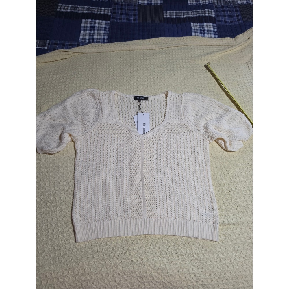 Chloe + Jasmine Cream Ivory Pointelle Knit V-Neck Puff Sleeve Top XL NWT